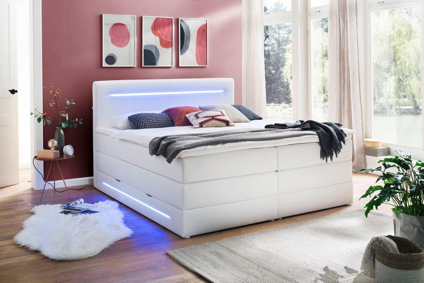 Bild Boxspringbett mit LED Beleuchtung, wahlweise mit Bettkasten weiß