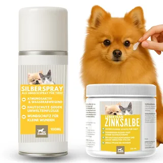 Erste Hilfe Set Hunde Wundspray Hund - Silberspray Hund & Lebertran Zinksalbe I Wund Spray Katze - Lebertran-Zinksalbe bei wunder Haut mit Zink für Tiere I Zinksalbe Wundsalbe Katze Juckreiz 0,1 0,25l
