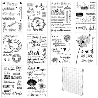 Silikonstempel Set, 10 Bögen Stempel Sprüche Deutsch Stempel Glückwunsch Clear Stamps Silikonstempel mit Stempelblock 10x10 cm für Osterdeko Hochzeit Geburtstag Taufe Einladung Karten(10 Stile)