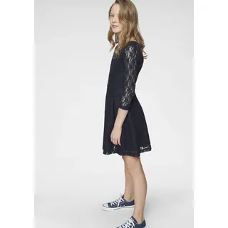 Jerseykleid KIDSWORLD "- Spitzenkleid", Mädchen, Gr. 152/158, N-Gr, blau (marine), Spitze, Jersey, Obermaterial: 95% Polyester, 5% Elasthan. Futter: 95% Baumwolle, 5% Elasthan, unifarben, modisch, ausgestellt knieumspielend, Rundhals, 3/4-Ärmel abgesteppte Kante, Kleider, festliche Anlässe, knielang, aus Spitze und Jersey, 3/4-Ärmel
