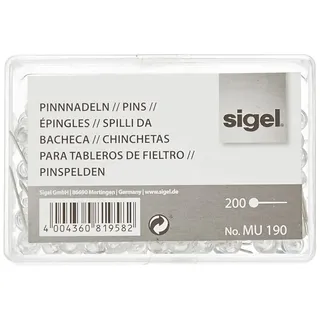 Sigel MU190 Pinnnadeln, Kunststoffkopf, transparent, 200 Stück, mit großem transparenten Kunststoffkopf (Ø 6 mm) und fester Stahlspitze, insgesamt 2,1 cm lang;pinnadeln