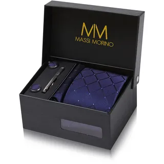 MASSI MORINO Krawatte Dunkelblau Quadrat mit Einstecktuch Set Herren inkl. Manschettenknöpfe, Krawattennadel und Geschenkbox | Männer Krawattenset zur Hochzeit - Einheitsgröße