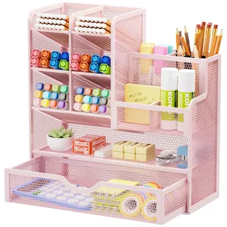 Marbrasse Netz Schreibtisch-Organizer,Multifunktionaler Stiftehalter mit Schublade,Aufbewahrung Regal für Schul Heim Büro Bedarf (Rosa)