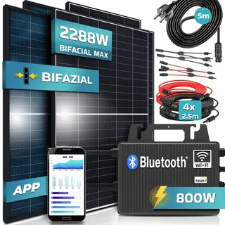SUNNIVA® 2288W Balkonkraftwerk komplett Steckdose TSUN 800W Wechselrichter, PV Solaranlage Komplettset, 4x 440W BIFAZIAL, BLACK Frame, Single Glas Solarmodule, inkl.5m Kabel, Bluetooth