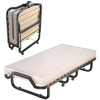 Costway 90x200cm mit Matratze aus Rückstellschaum, Klappbares Einzelbett Stabiler Metallbett bis 120 kg, Klappbett auf Rädern, Faltbett für Büro - Gästezimmer, Tragbares Bett (Beige)