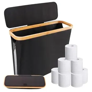 28L Toilettenpapier Aufbewahrung Korb mit Deckel, Klopapier Aufbewahrung für 9-12 Rollen Klopapier, Stehend Bambus Toilet Paper Organizer, Badezimmer Organizer, Perfekt für Enge Räume (Schwarz)