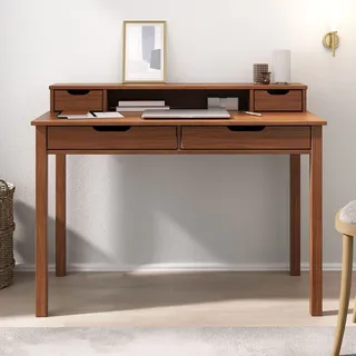 Idimex Schreibtisch Raul mit 4 Schubladen aus Massivholz, kastanienfarben - Bürotisch mit Stauraum und Nische, Home-Office-Schreibtisch, PC-Tisch mit Aufsatz