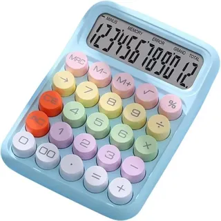 1 x himmelblauer mechanischer Tastaturrechner (11 x 15 cm), runde Tasten, großer Bildschirm, tragbar, einfach zu bedienen, geeignet für Büro, Schule