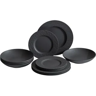 Villeroy & Boch Manufacture Rock 12-teiliges Geschirrset, Teller und Schüsseln, Schwarz matt, Premium Porzellan, Made in Germany