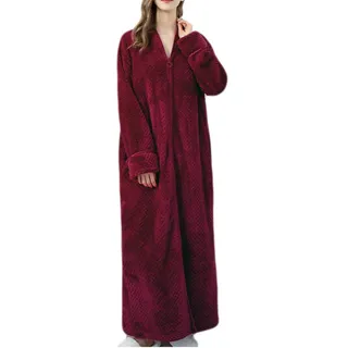 Damen Und Herren Flanell Bademantel Frottee Bademantel V-Ausschnitt Kimono Roben Nachthemd Lange Bademäntel Weich Morgenmäntel Mit Durchgehendem Reißverschluss Weich Und Warm Pyjama,Rot Frauen,M - M