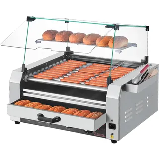 Vevor Hot Dog Maschine 11 Rollen Edelstahl, 2400 W, Elektrogrill mit Brötchenwärmer & Abdeckung (Glas + PC) & 3 Temperaturregler & seitlicher Aufbewahrungsbox & Ölauffangschale