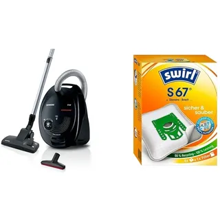 Siemens Z 3.0 Extreme Power Bodenstaubsauger mit Beutel VSZ3XTRM11, 850 Watt, schwarz & Swirl S 67 MicroPor Plus Staubsaugerbeutel | Dauerhaft hohe Saugleistung | 4 Stück inkl. Filter