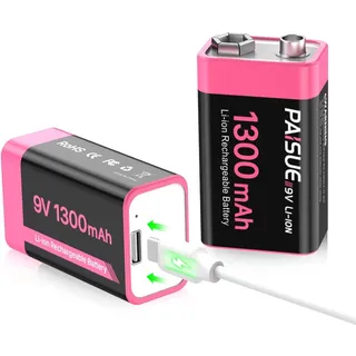 Wiederaufladbare 9V Batterien, 1300mAh 9V Blockbatterie Akku Lithium-ionen Batterien mit USB-C-Schnellladen für Rauchmelder, Multimeter, Mikrofon (2 Stück)