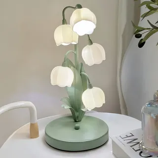 CRCTREND Blume Tischlampe, 5 Lilien Nachttischlampe, Vintage Grüne Blume Tischlampen, 3 Farbmodi Leselampe LED-Lampe Nachttischlampe Tischlampe für Wohnzimmer, Büro, Schlafzimmer, Wohnkultur
