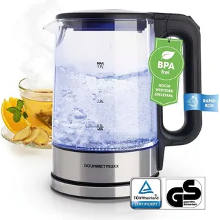GOURMETmaxx Glas-Wasserkocher LED 1,7l 2200W Edelstahl/schwarz kabellos Wasserkocher Glas Fassu