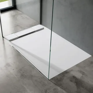 doporro Duschtasse Duschwanne 80x120x4 flach Mineralguss in Weiß inkl. Ablaufgarnitur AL06 DIN-Anschlüsse für bodenebene Montage geeignet Geoma04 -