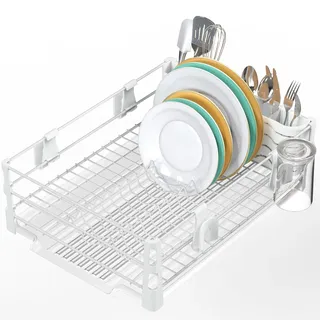 Simple Houseware Geschirrkorb mit Abtropfgestell, Becherhalter und Utensilienhalter, Weiß