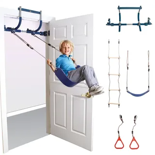 Gym1 – Deluxe Indoor Doorway Gym für Kinderspielplatz, Alles in einem Set, Blaue Türschaukel für Kinder, Kunststoffringe, Kletterleiter und Klimmzugstange, 4-teiliges Spielset