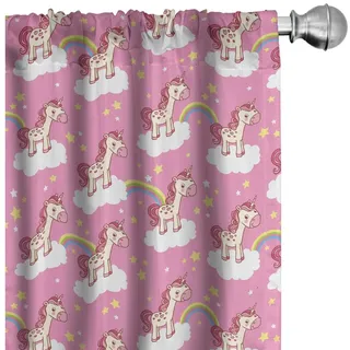 Abakuhaus Gardine Vorhang für Wohnzimmer Schlafzimmer Dekor, Microfaser, Kindergarten Unicorns auf Wolken gelb|rosa|weiß 150 cm x 245 cm