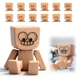 Schüttelmann Wackelfigur Auto, 2025 Neu Schüttelnde Holzmann-Figur Wackelfigur Holz, Auto Zubehör Innenraum Handgefertigter Holzfigur mit 12 Magnetischen Ausdrücke für Armaturenbrett Dekor (1)
