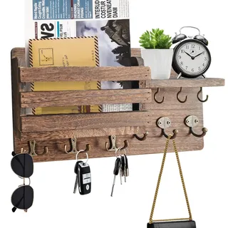 HahaGo Schlüsselbrett Holz mit Ablage, Schlüsselhalter Schlüsselregal mit 9 Schlüsselhaken, Dekoratives Holz Wandregal, Wand Schlüsselboard für Eingangsbereich, Wohnzimmer, Schlafzimmer, Küche