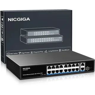 16 Port PoE Switch Unmanaged, 16-Port PoE+@250W, 2 Gigabit Uplink Ports, 1 SFP Port, NICGIGA 19 Port Network Power Over Ethernet Switch, VLAN Modus, AI Watchdog 19 Zoll RackMount, Plug and Play.