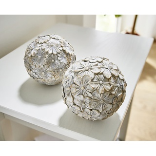 2X Dekokugel Blumen Ø 10 cm, grau mit Patina, Gartenkugel wetterfest, Blumenkugel für Wohnzimmer, Balkon & Garten, Garten-Dekoration für Draußen