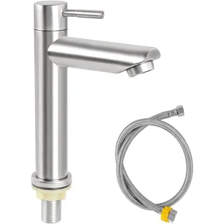 Kaltwasserhahn Gäste WC, Wasserhahn Kaltwasser Einhebelmischer Kaltwasser Armaturen aus Edelstahl 304,Wasserhahn Bad Kaltwasser mit 80cm Anschlussschlauch für Handwaschbecken Gäste WC