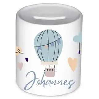 minimutz Spardose Geschenk Geburt Taufe – Personalisierte Sparbox Heißluftballon blau Jungen Mädchen – Runde Keramik Sparbüchse 8x9.5 cm