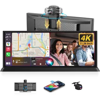 11,26 Zoll Carplay Display 4K Carplay Android Auto Display mit 350° Frontkamera 64G SD Karte Auto Display Car Play Bildschirm, Buddy Display mit Siri G-oogle GPS Navigation Loop Aufnahme OEM Halterung