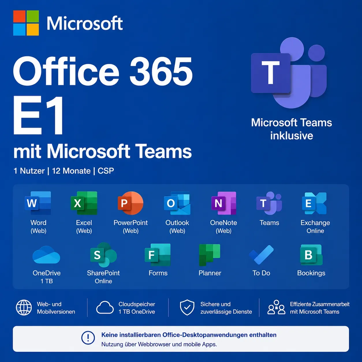 Microsoft Office 365 E1 mit Teams | 1 Jahr | 1 Nutzer | CSP