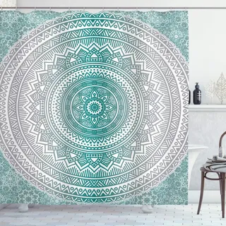 ABAKUHAUS Mandala Duschvorhang, Boho Meditation Art Work, Stoffliches Gewebe Badezimmerdekorationsset mit Haken, 175 x 220 cm, Grau Teal