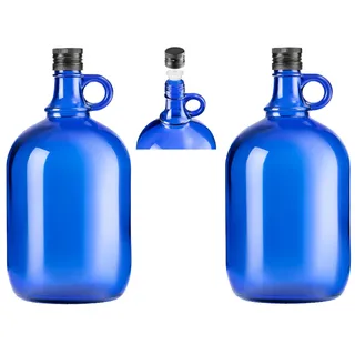 lilawelt24 2L Flasche mit rundem Griff + Aussgießer Essig-ÖlFlasche Met- Honigflasche Weinballon Glasballon Likörflasche Schnapsflasche Leere Glasflasche Wasserflasche Ölspender (2x 2L blaue Flasche)