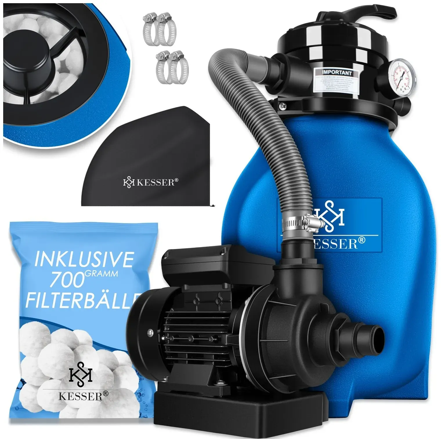 KESSER® Sandfilteranlage Sandfilter + 700g Filterbälle ersetzen 25kg Filtersand 7-Wege Ventil mit Druckanzeige Poolfilter 10 m°/h
