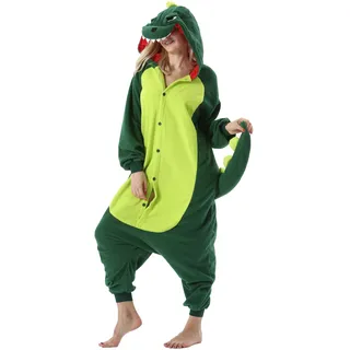 AKAAYUKO Damen Herren Karneval Kostüm Pyjama Weihnachten Tiere Onesie Halloween Jumpsuit Schlafanzug Faschingskostüme Overall Nachtwäsche Grüner Dinosaurier - S