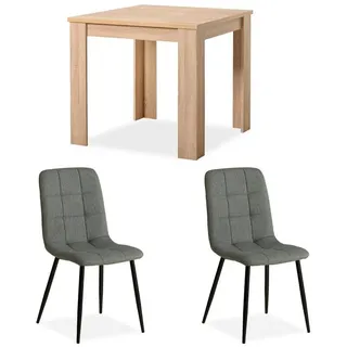 Homestyle4u Essgruppe mit 2 Stühlen Leinen Polsterstühle Grau Esstisch Holz Natur 80x80 cm - 80 cm X 75 cm X 80 cm