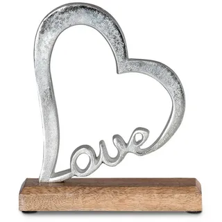Levandeo® Deko-Schriftzug, Aufsteller Herz Schriftzug Love H20cm Metall Silber Mango Holz