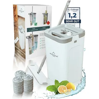 WonderHome Bodenwischer Set mit Eimer - 3 Kammer Wischmop - Weiß