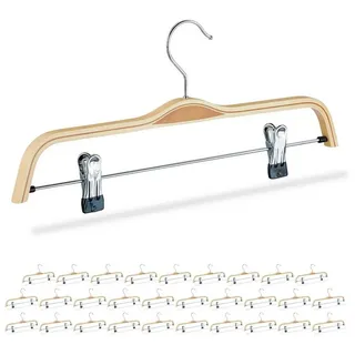 Relaxdays 30 x Hosenbügel Holz, verstellbare & gummierte Clips, 360° drehbarer Haken, Kleiderbügel, 37cm breit, Klemmbügel, Natur