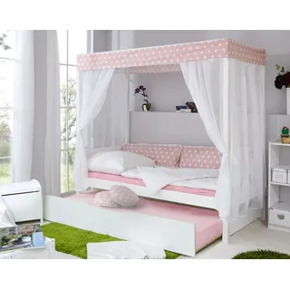 TICAA Himmelbett Lino 90 x 200 cm Kiefer weiß inkl. Zusatzbett stern-rosa