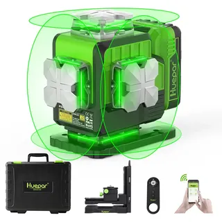 Huepar 4x360° Kreuzlinienlaser Selbstnivellierung 4D Green Beam Bluetooth-Konnektivität Lasernivellier-360 Horizontale & Vertikale Laserlinien, Fernbedienung, Hartschalenkoffer, Magnethalterung -P04CG