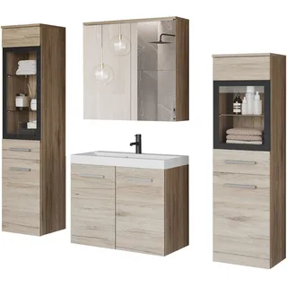 WELLTIME Badmöbel-Set »MADRIT II, Schrank mit Waschbecken, 2 Hänger, Spiegelschrank«, (Komplett-Set, 5 St.), Hängende Badmöbel mit Glaseinsätzen – in vielen Farben erhältlich