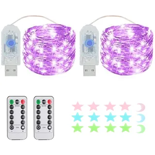 2 Stück LED Lichterkette, 50LED 5M / 17Ft 8 Modi USB lichterkette außen/innen Wasserdichte mit Fernbedienung für Schlafzimmer, Hof, Hochzeit, Weihnachten, DIY etc (lila)