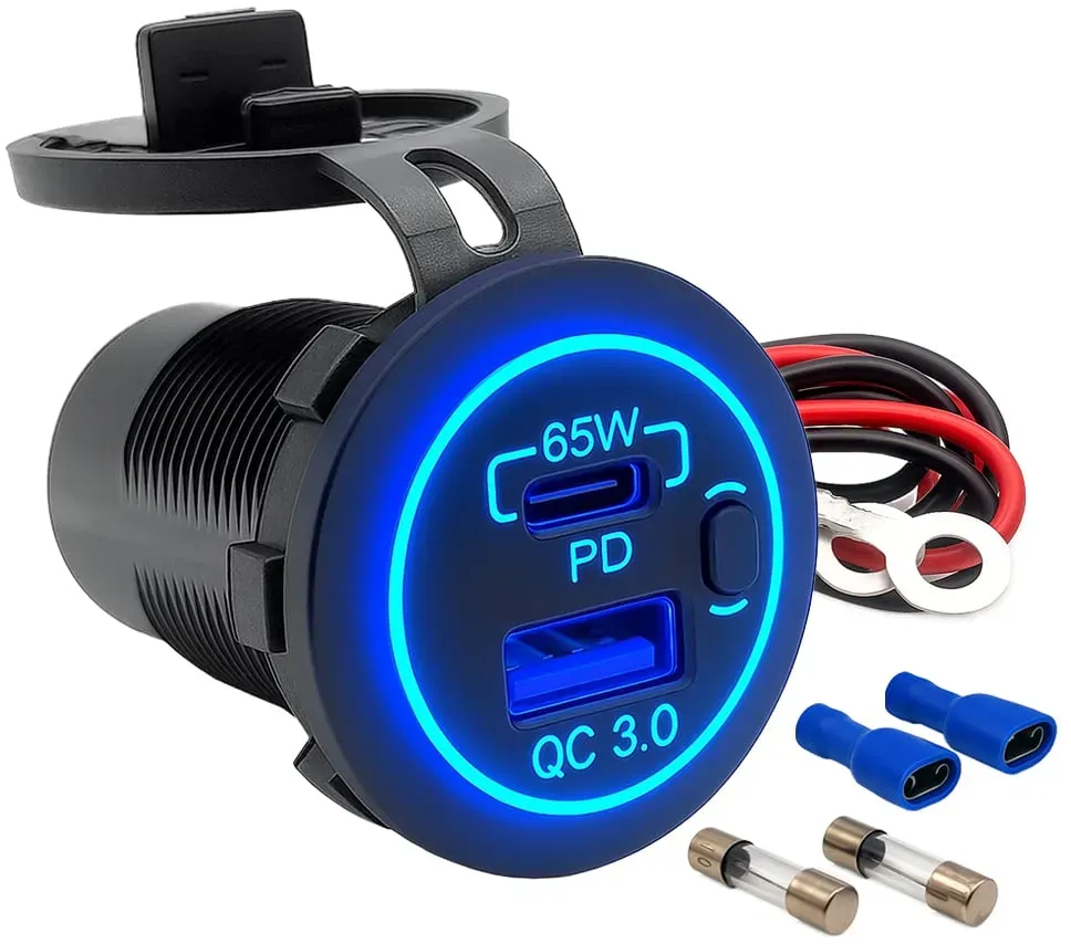 Offgridtec USB-Doppelsteckdose 12V /24V 18W USB-A + 65W USB-C Steckdose Kfz-Schnellladeadapter mit Abdeckung