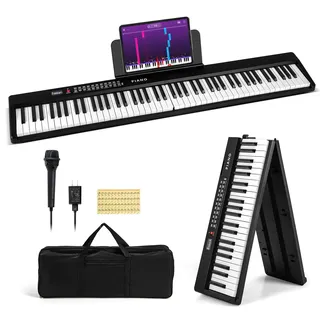 COSTWAY Keyboard Piano 88 Tasten, Klappbares Digitalpiano mit 1000 Rhythmen 1000 Tönen, 150 Demos, Bluetooth MIDI, Klavier Kinder mit Mikrofon & Tragetasche, E Piano für Anfänger (Schwarz)