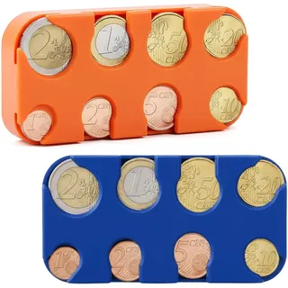Münzbox 2er-Set | Münzsortierer & Kleingeld Aufbewahrung für Auto & Taxi | Euro Münzhalter, Münzspender & Münzsammler aus Kunststoff | 8 Fächer von 2 Euro bis 1 Cent (Blau+Orange)