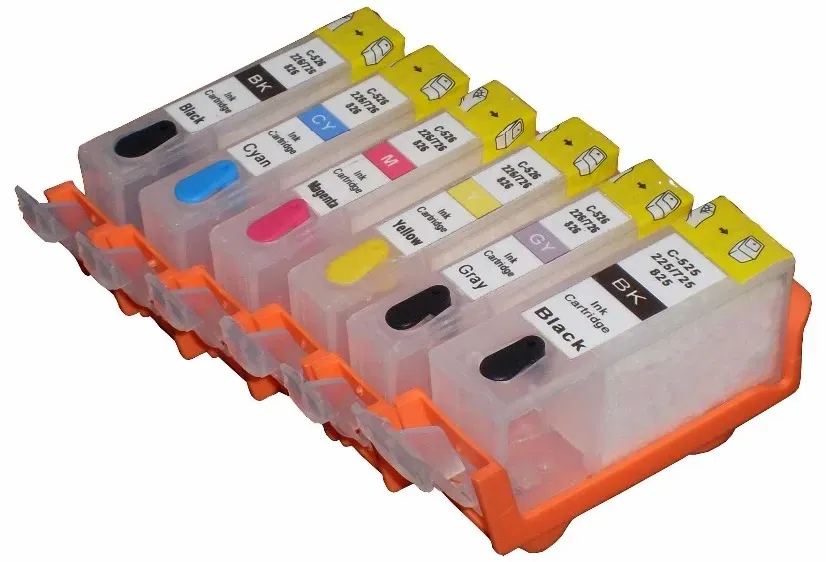 6 wiederbefüllbare Tintenpatronen Canon PGI-525 & CLI-526 mit Auto Reset Chips