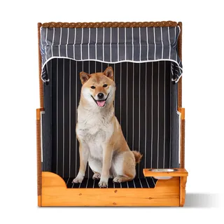 Relaxdays Hundestrandkorb, Rattan, inkl. Napf, Hundesessel mit Dach, HBT: 95x75x65 cm, Garten & Terrasse, Holz, dunkelblau