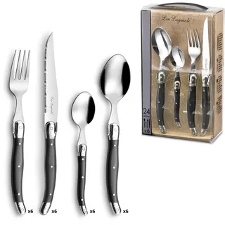 Amefa LOU LAGUIOLE TRADITION Steakmesser Besteck Set 24-teilig | Steakbesteck mit Tradition und Stil | Griffe in Anthrazit | Wellenschliff Messer | Grillbesteck Set | Scharfe Messer | Besteck Set 6 Personen