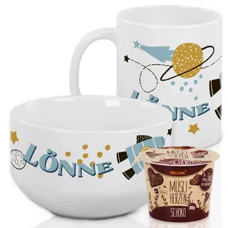 GRAZDesign Kindergeschirr Set Frühstücksset Kinder personalisiert mit Namen Müslischale mit Tasse 3-teiliges Geschirrset - Geschenk (Rakete im Weltall, Frühstücksset aus Keramik)